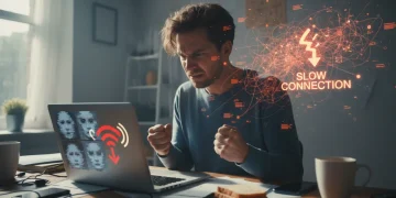 Frustrated user with frozen video call on laptop