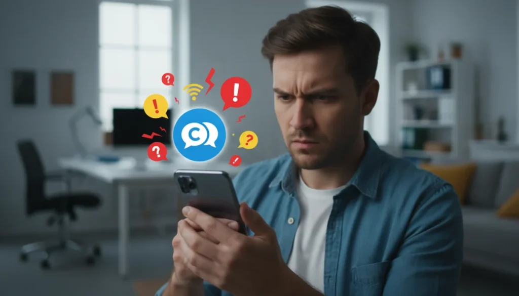 Frustrated user with communication app problem on smartphone