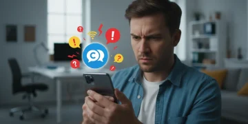 Frustrated user with communication app problem on smartphone