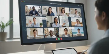 Professionals collaborating in a Google Meet session with external guests.