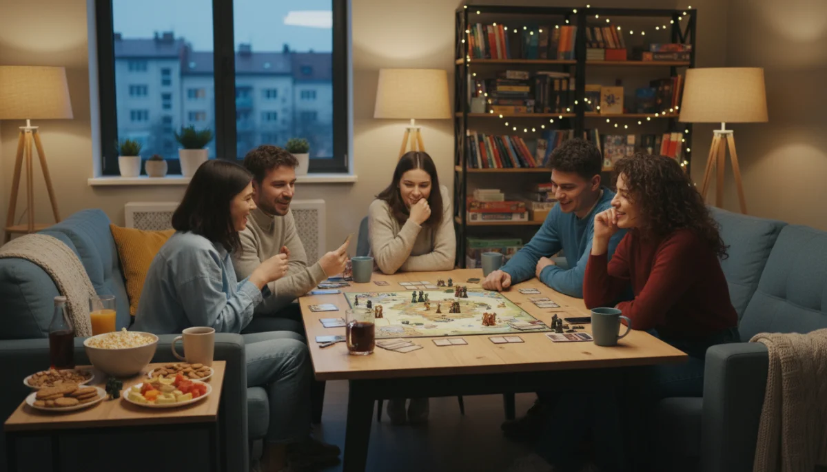 Friends playing board games at a social meetup