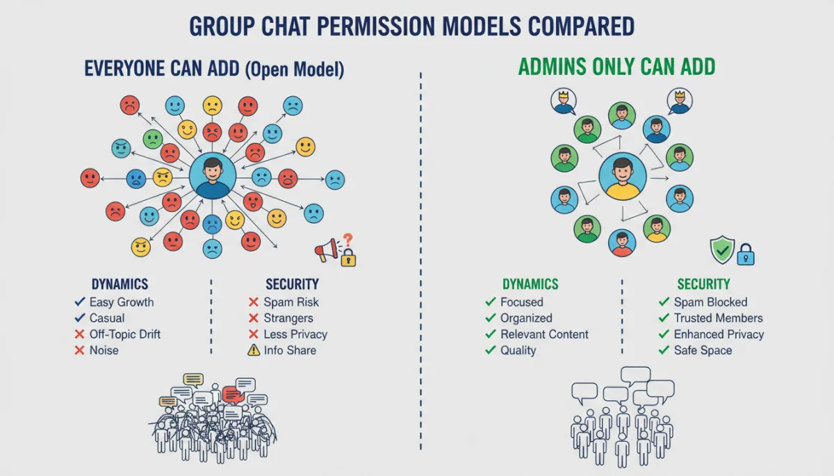 Infographic comparing 'everyone can add' vs. 'admins only add' group chat permissions.