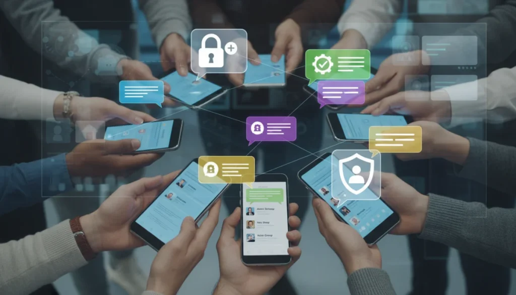 Hands holding smartphones with chat bubbles and permission icons, representing group chat controls.