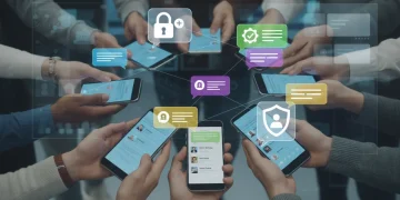 Hands holding smartphones with chat bubbles and permission icons, representing group chat controls.