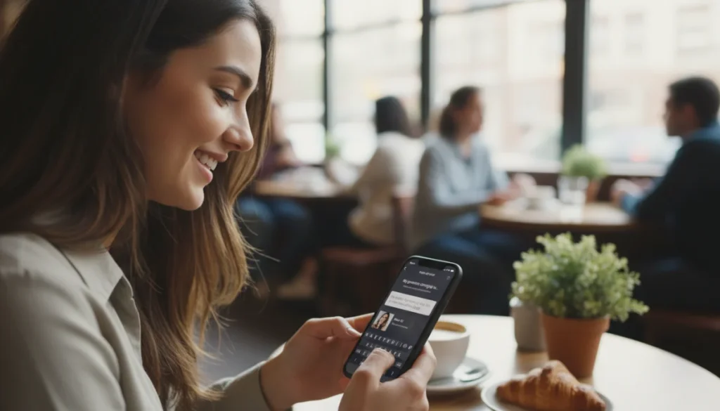 Woman engaging with Hinge app, thoughtfully responding to a prompt