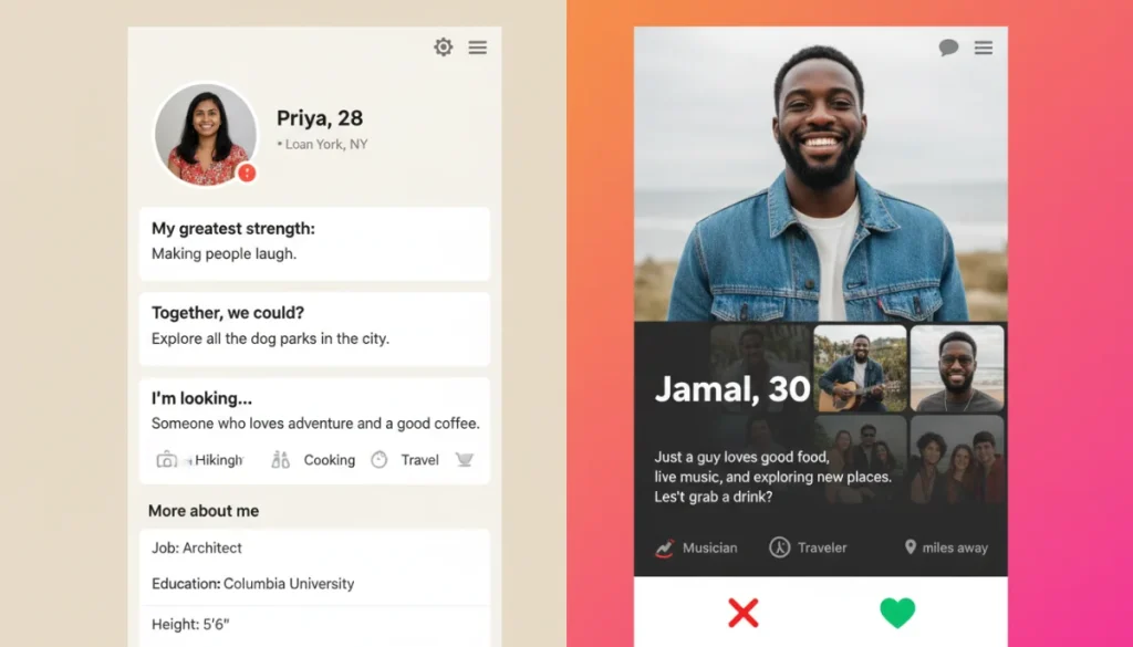 Hinge vs Tinder profile comparison showing detailed prompts and photo-centric layouts