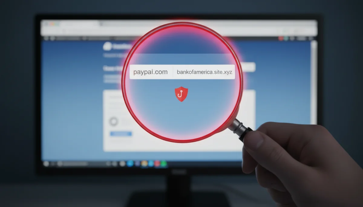 Magnifying glass examining a suspicious URL for phishing signs.