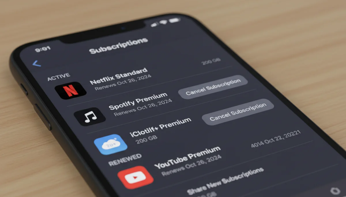 iPhone screen showing App Store subscriptions list with active plans.