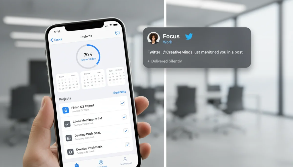 iPhone displaying productivity app with silent social media notification