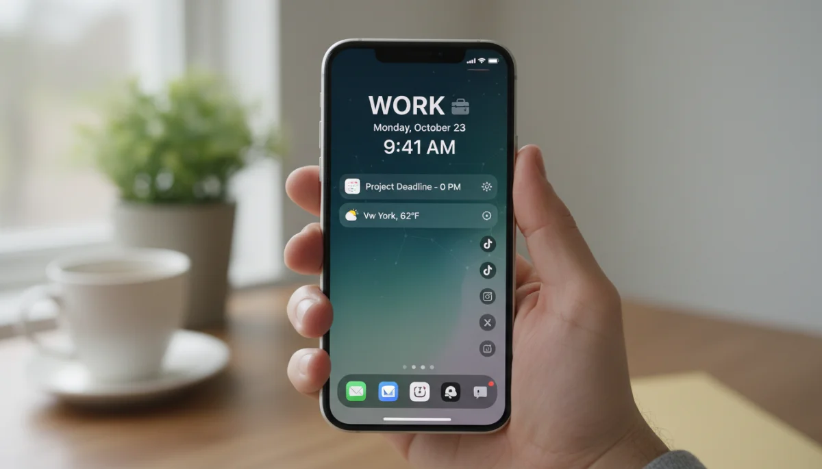 iPhone with activated personalized Focus mode and customized app display