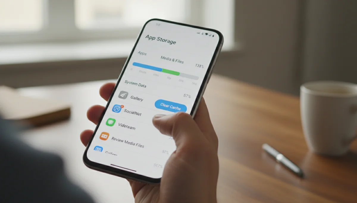Hand navigating smartphone settings to clear app cache