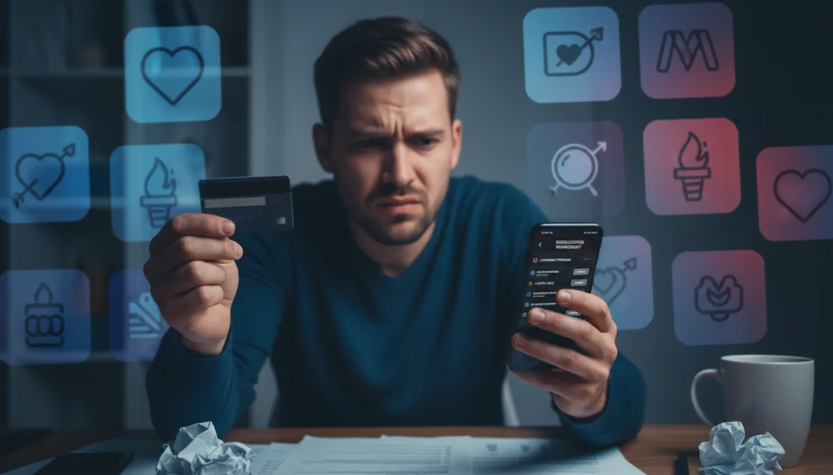 Frustrated user managing dating app billing on smartphone