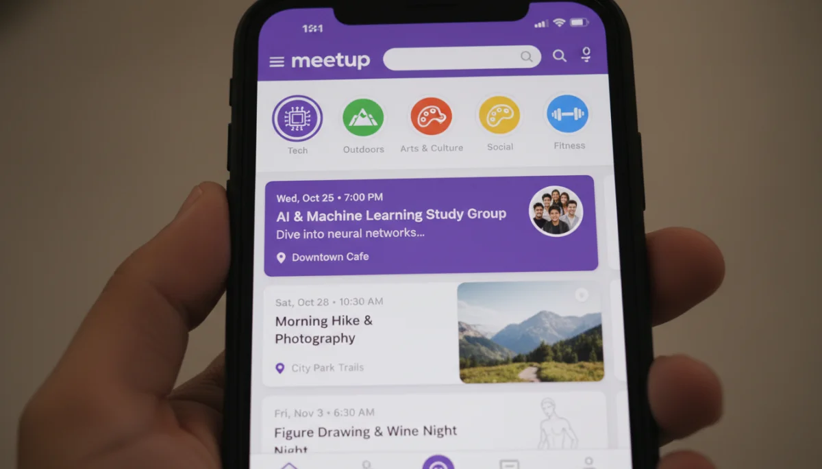Meetup app interface showing local events and groups