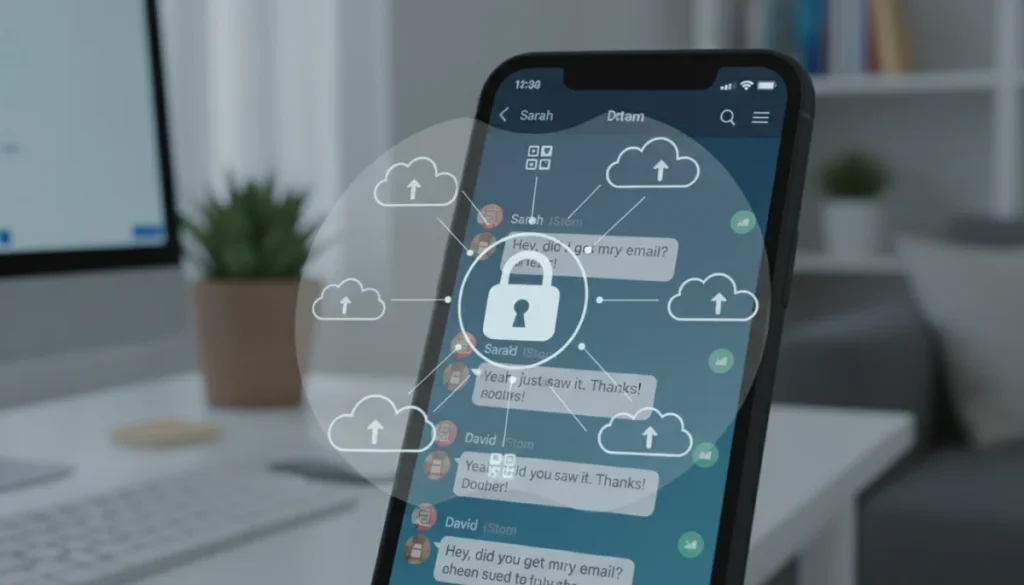 Smartphone displaying messaging app chat history with cloud and security icons