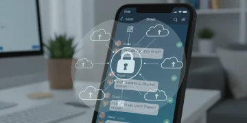 Smartphone displaying messaging app chat history with cloud and security icons