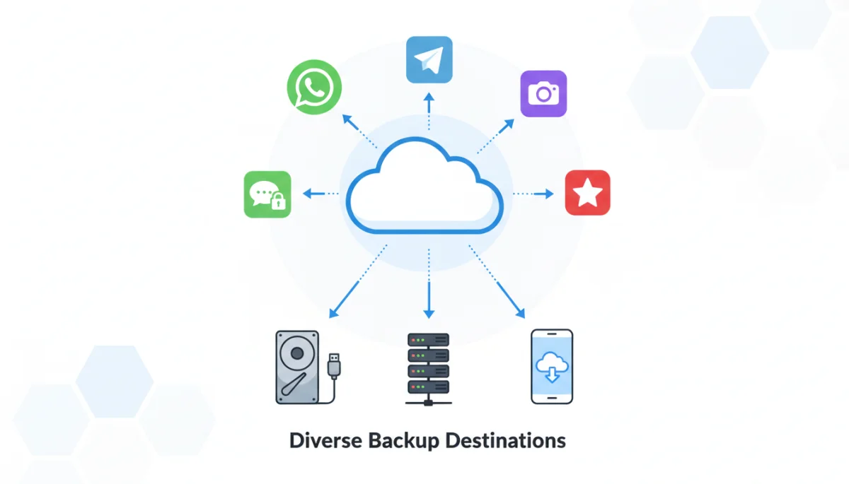 Illustration of messaging apps backing up to cloud and local storage