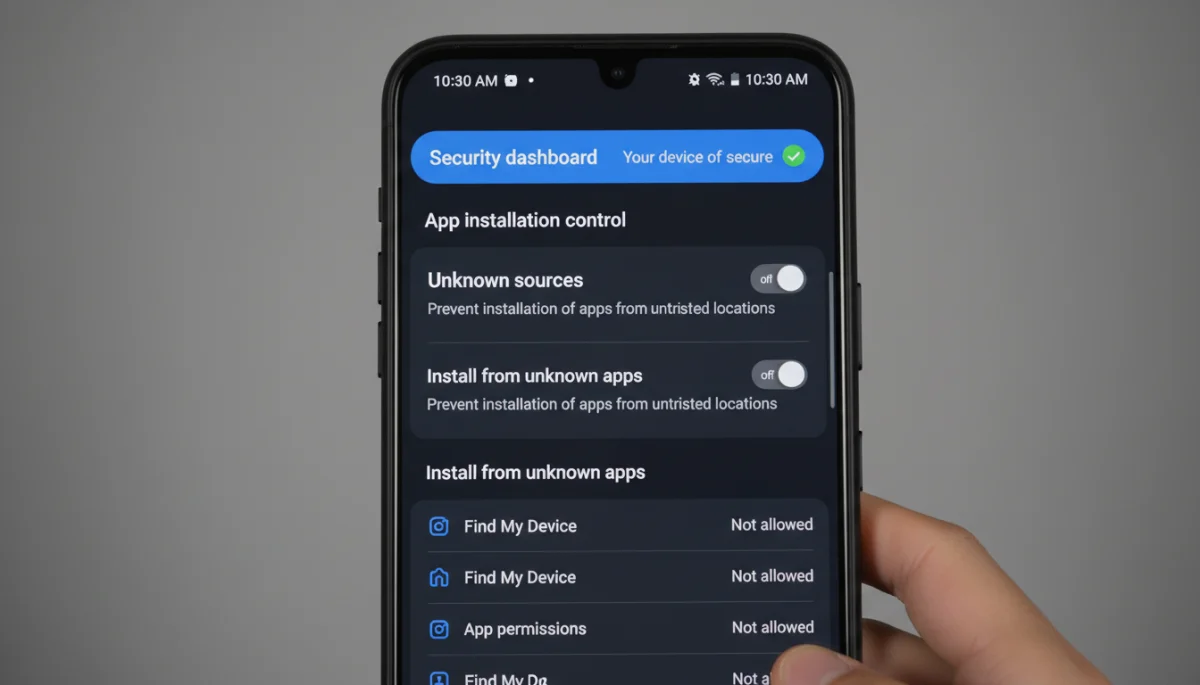 Mobile security settings showing 'Install from unknown apps' disabled