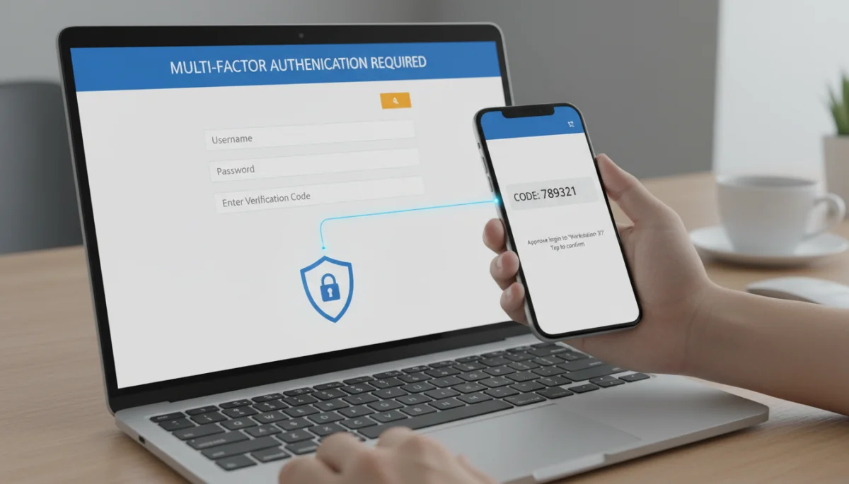Multi-factor authentication graphic with phone and laptop