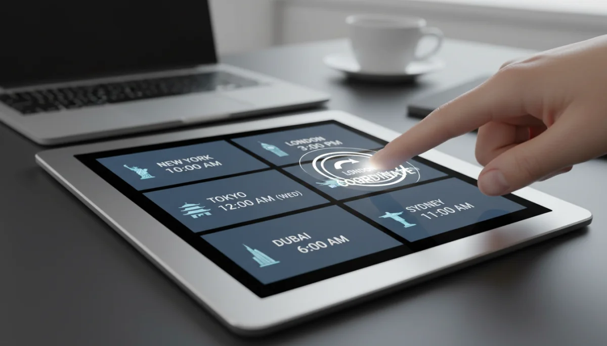 Digital clock showing multiple time zones for effective meeting scheduling and online group etiquette.
