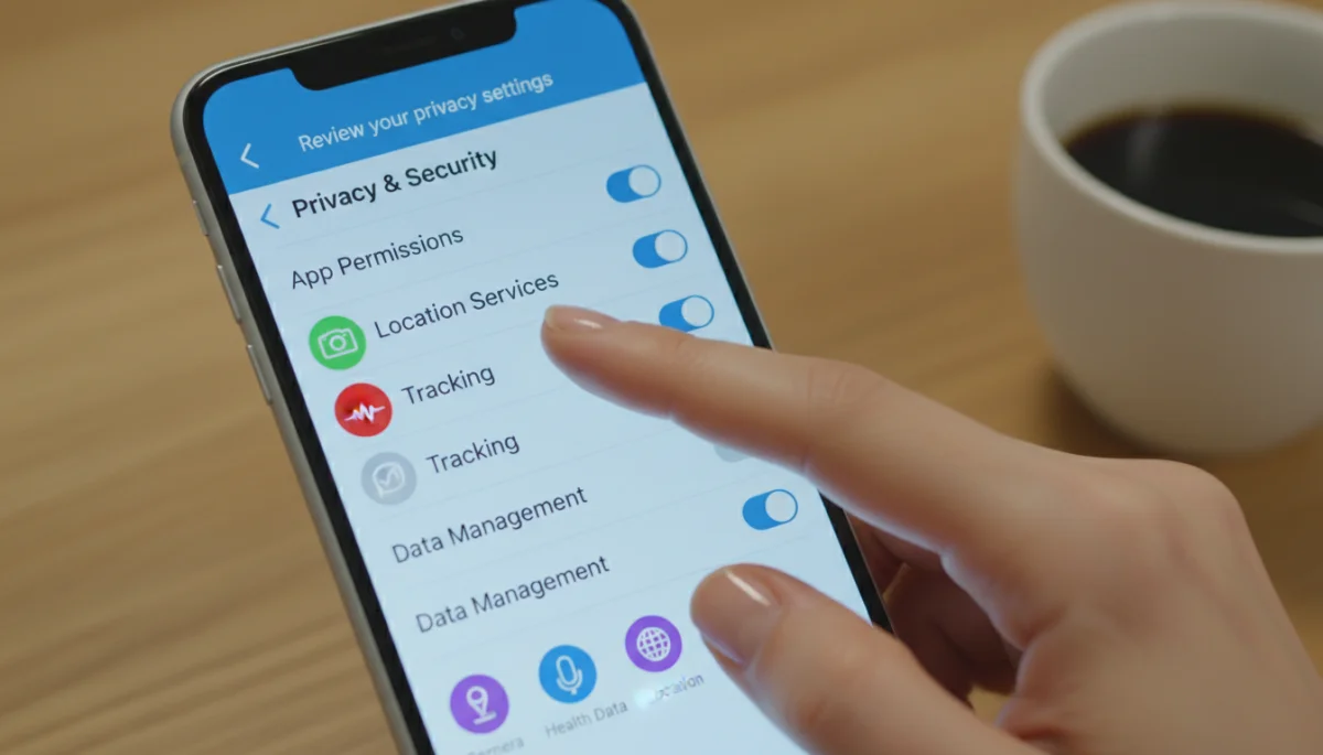 Hand interacting with phone privacy settings menu.