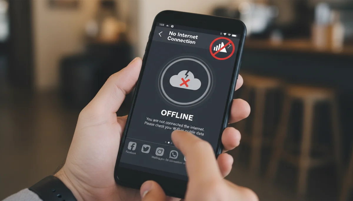 Smartphone displaying no internet connection, hindering app notifications