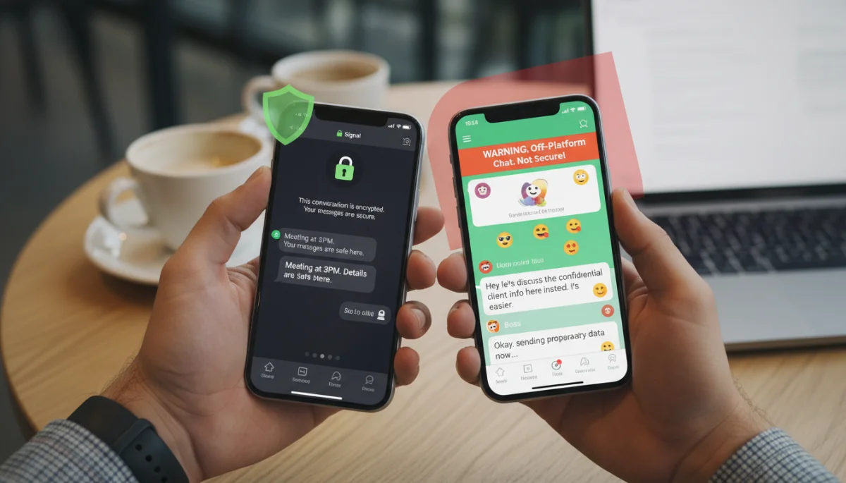 Smartphones showing secure vs. off-platform communication dangers