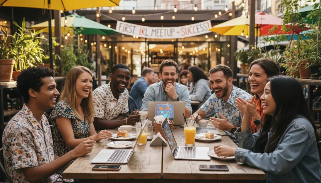 Diverse group happily meeting in person after connecting online
