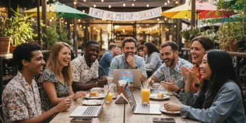 Diverse group happily meeting in person after connecting online