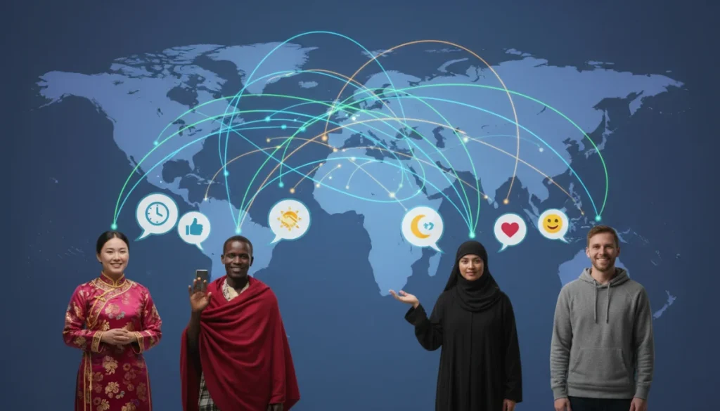 Diverse individuals communicating online across global time zones, representing effective virtual group etiquette.