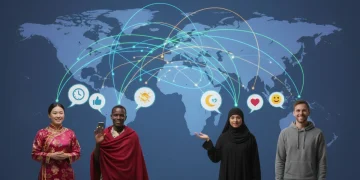 Diverse individuals communicating online across global time zones, representing effective virtual group etiquette.