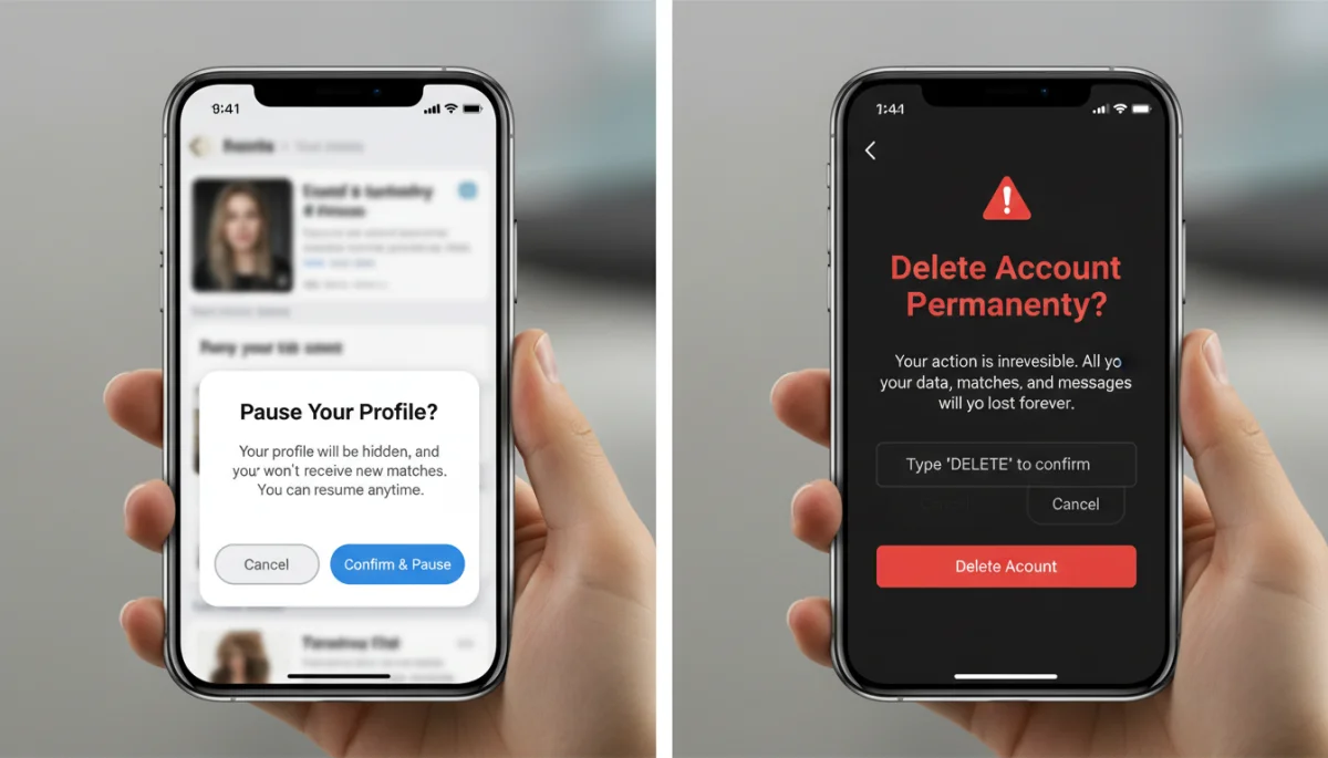 Visual comparison of pausing vs deleting dating app profile