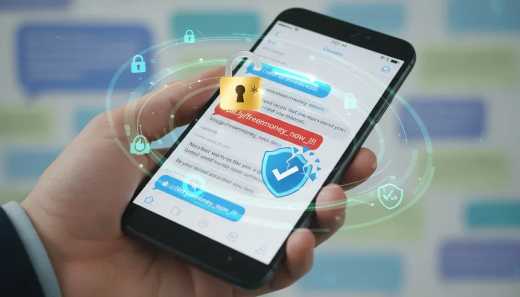 Smartphone screen showing a phishing link in a messaging app, with cyber protection symbols.