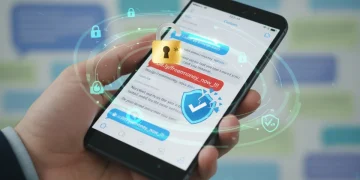 Smartphone screen showing a phishing link in a messaging app, with cyber protection symbols.