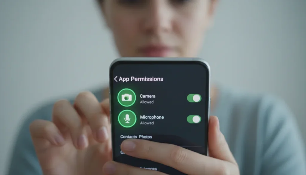 Smartphone showing app privacy settings for camera, microphone, and location access.