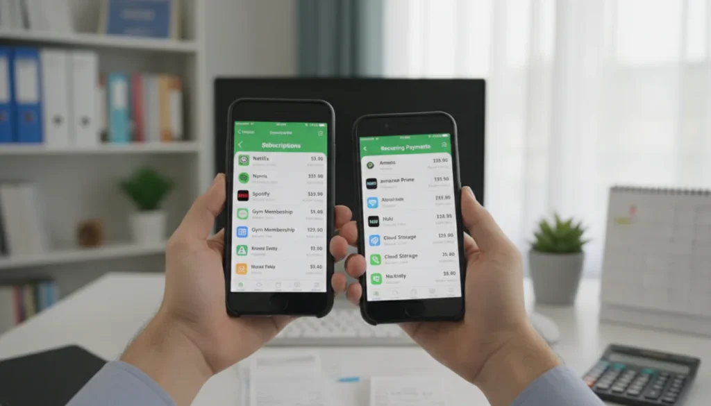 Hands holding iPhone and Android showing subscription management screens, symbolizing digital finance control.