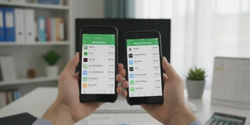 Hands holding iPhone and Android showing subscription management screens, symbolizing digital finance control.