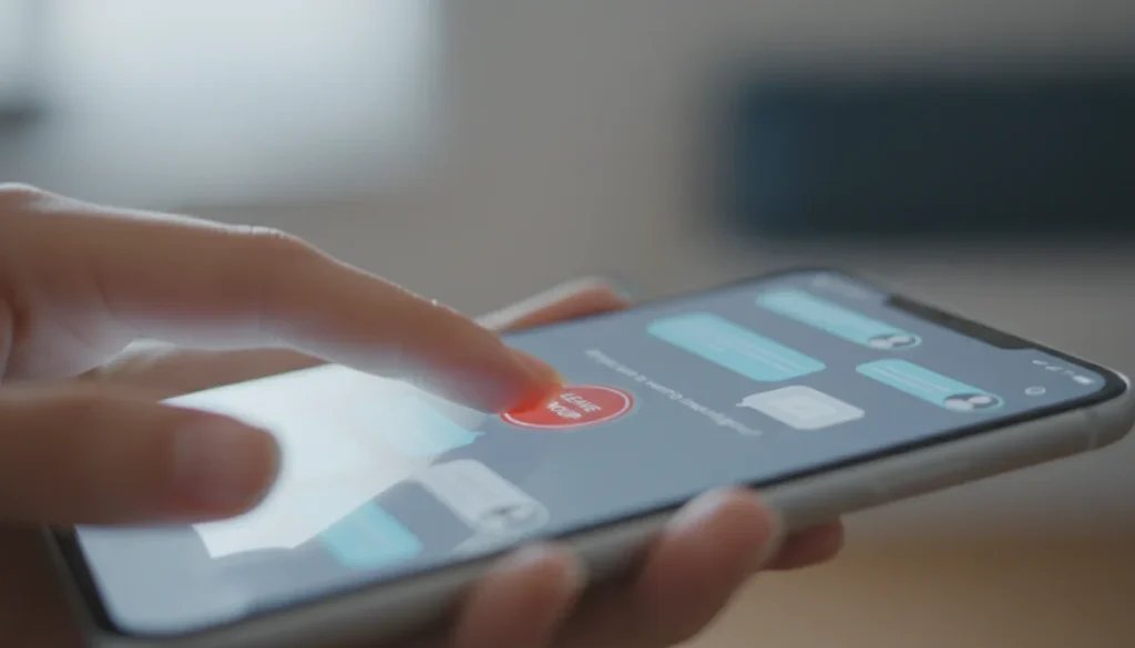 Hand leaving an online group politely on a smartphone, respecting digital boundaries.