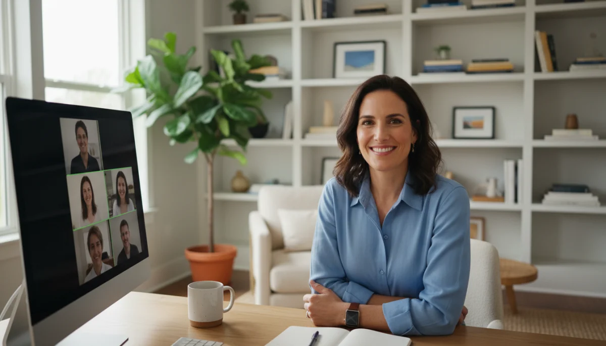 Person in a tidy home office with a private space background for video calls