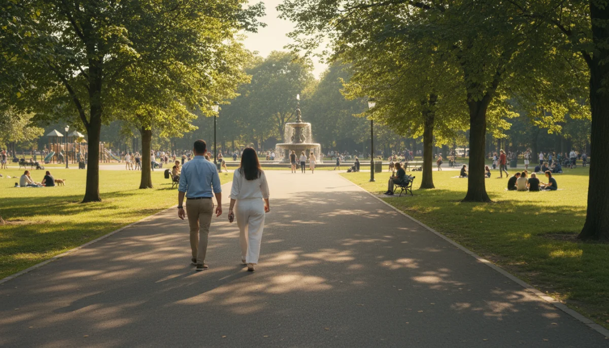 People walking into a public park for a date, emphasizing public safety