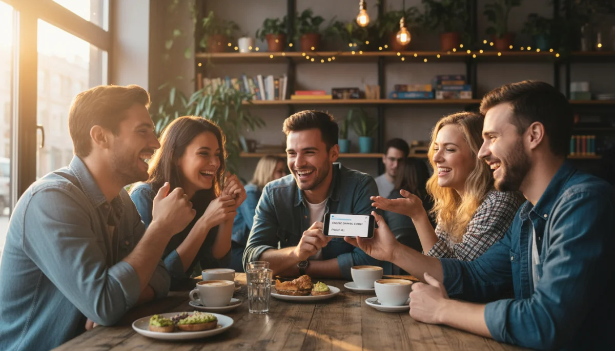 Friends enjoying coffee, symbolizing real-life meetups from online connections.