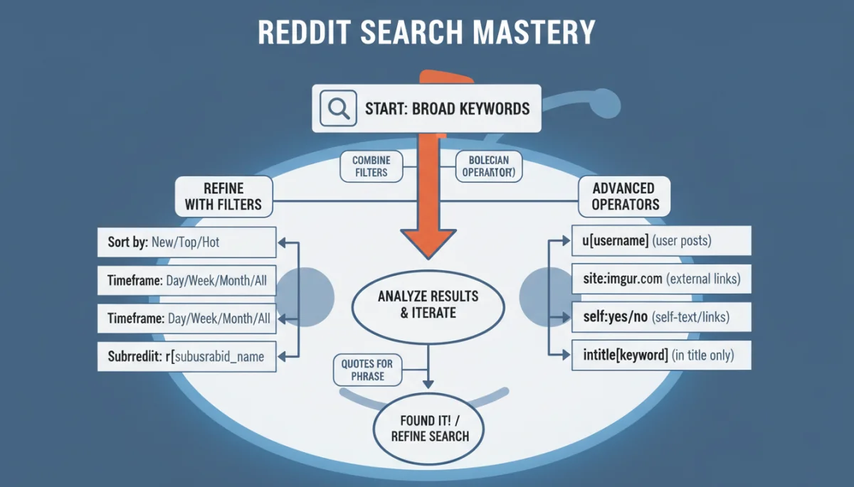 Flowchart illustrating effective Reddit search strategies and advanced operators for finding specific content.