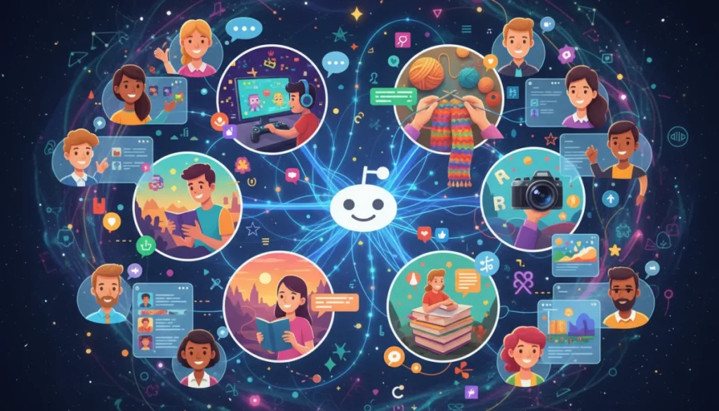 Diverse people engaging in various hobbies online, connected by Reddit, illustrating community and shared interests.