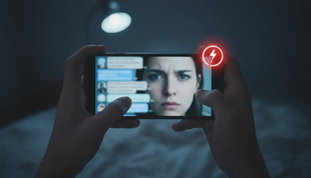 Smartphone displaying a harassment report on an app, emphasizing digital safety
