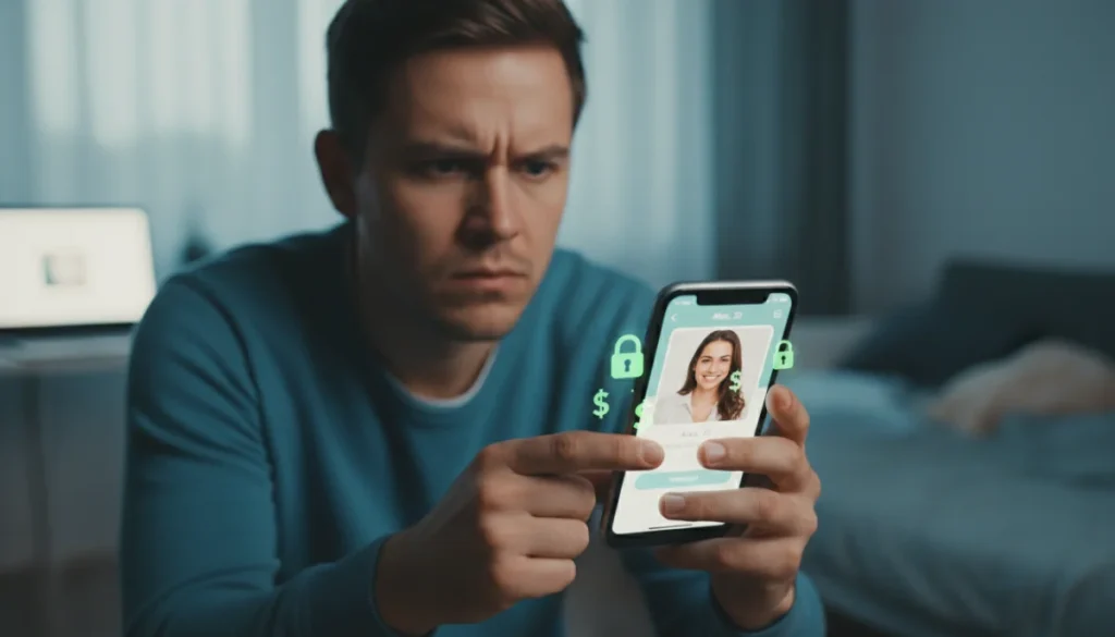 Woman cautiously examining phone for romance scam warning signs
