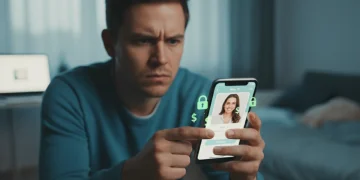 Woman cautiously examining phone for romance scam warning signs