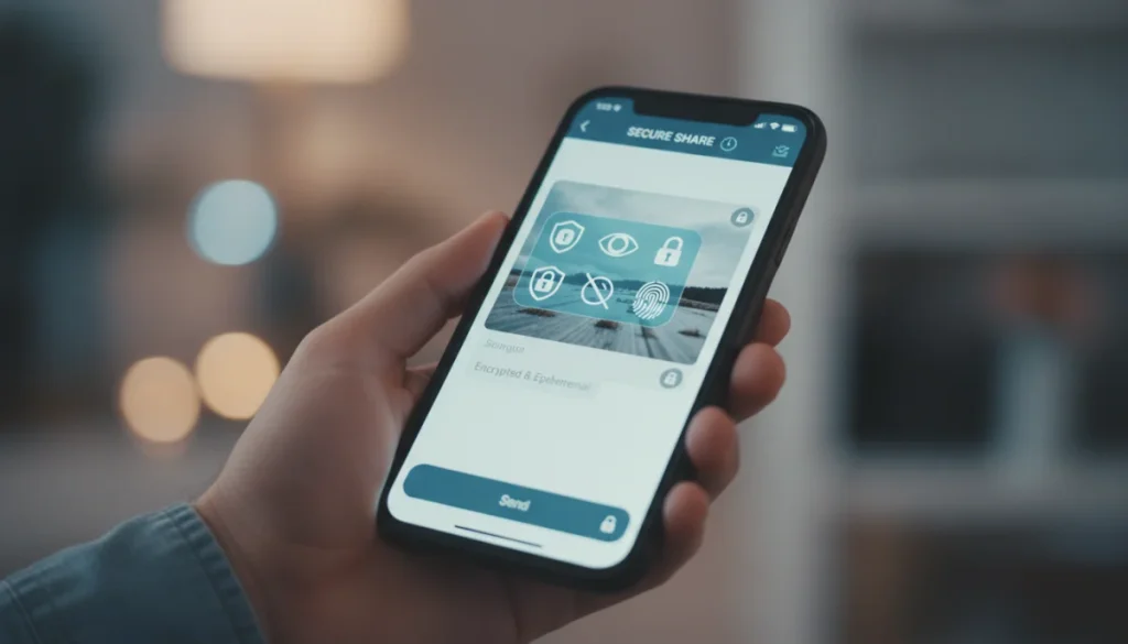 Hand holding phone with secure photo sharing app, privacy shield overlay