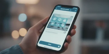 Hand holding phone with secure photo sharing app, privacy shield overlay