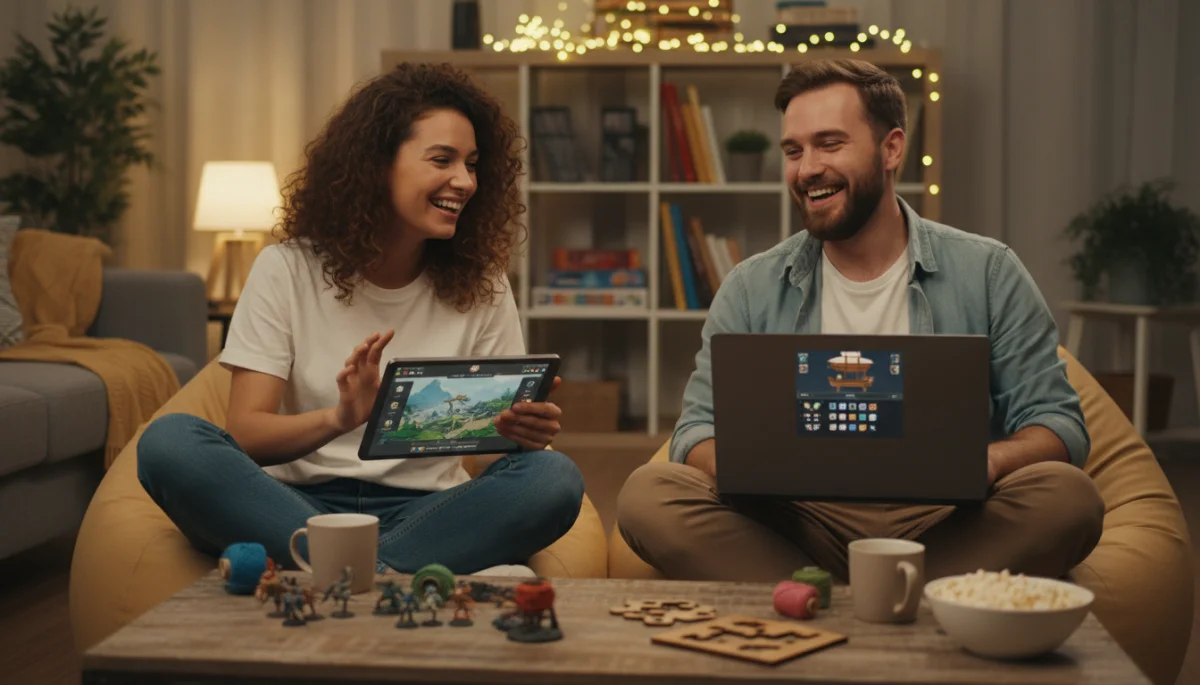 Individuals engaging with shared online hobbies and interests.