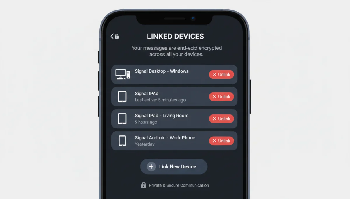 Signal app's linked devices interface with options to manage connections