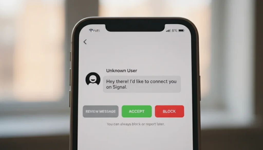 Signal app displaying an incoming message request with options to manage the interaction.